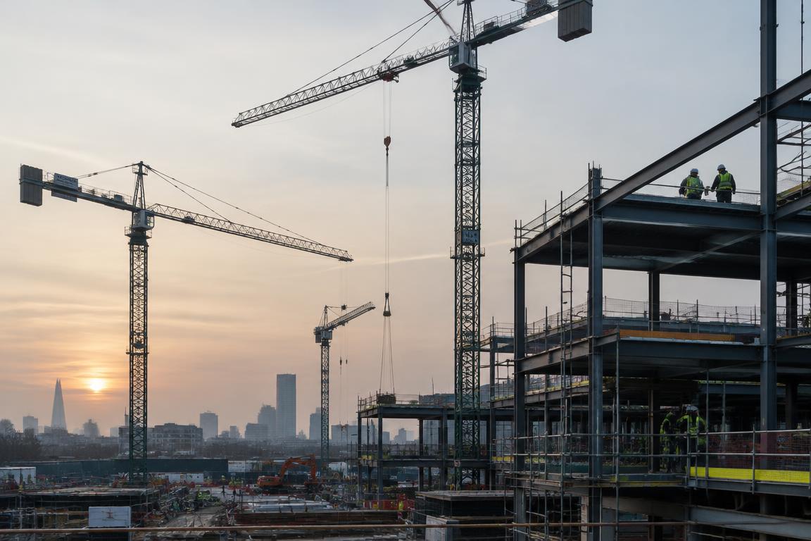 Tower cranes over a residential construction site