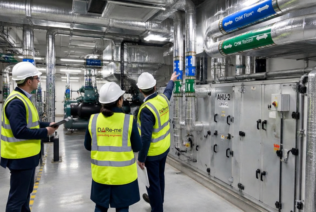 Consulting engineers reviewing a building services plant room with pipework and air handling units