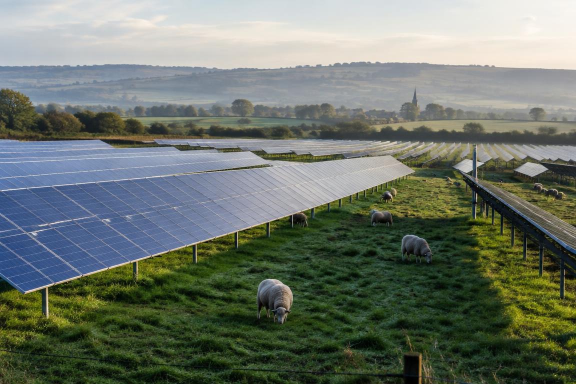 Rows of solar panels across farmland